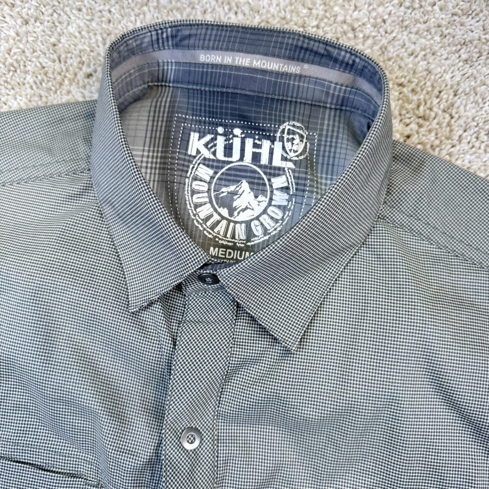 KUHL Button Down Shirt Men Medium Gray Short Sleeve Micro Check Technical Hiking